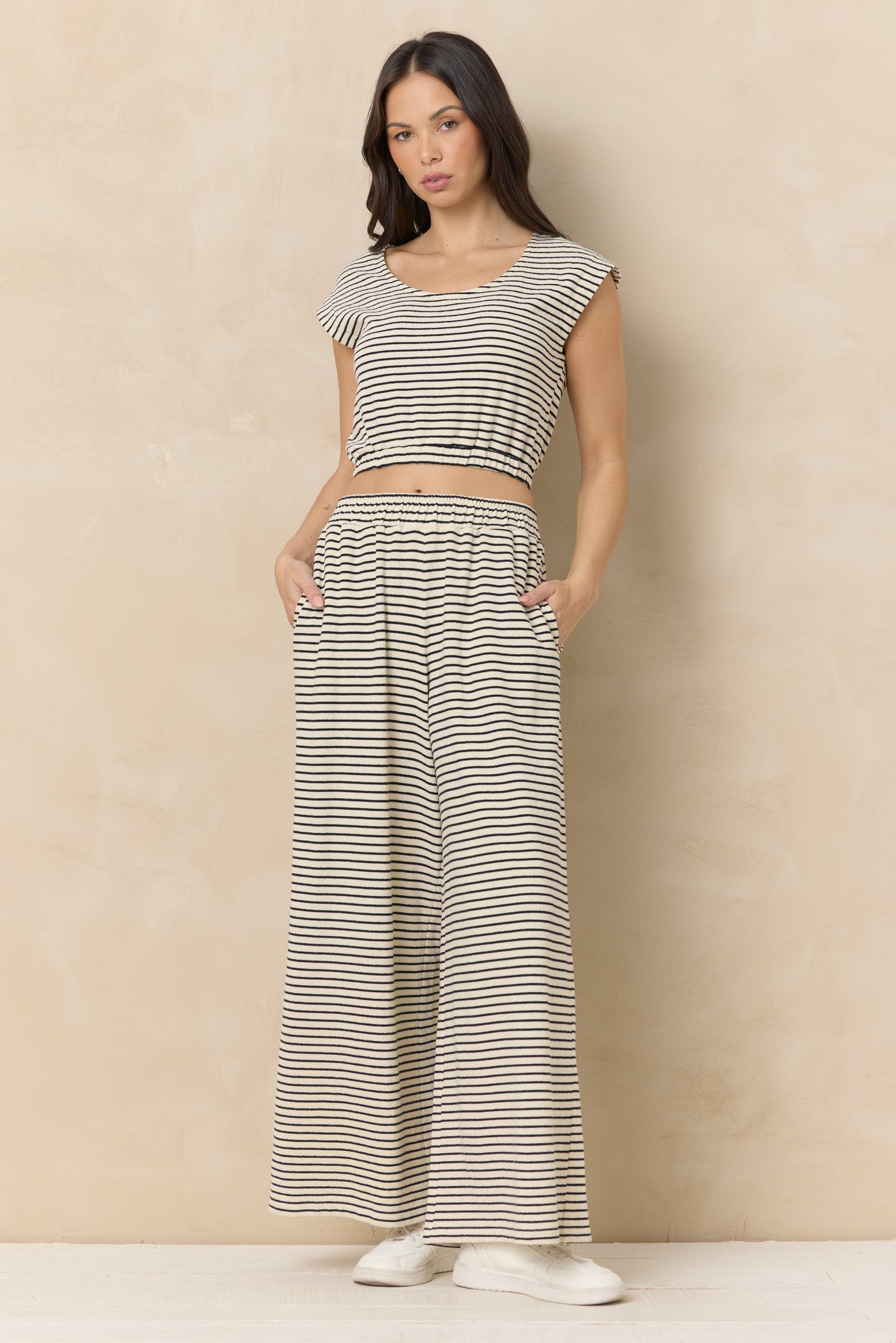 Vintage Havana Striped French Terry Cloth Wide Leg Pant