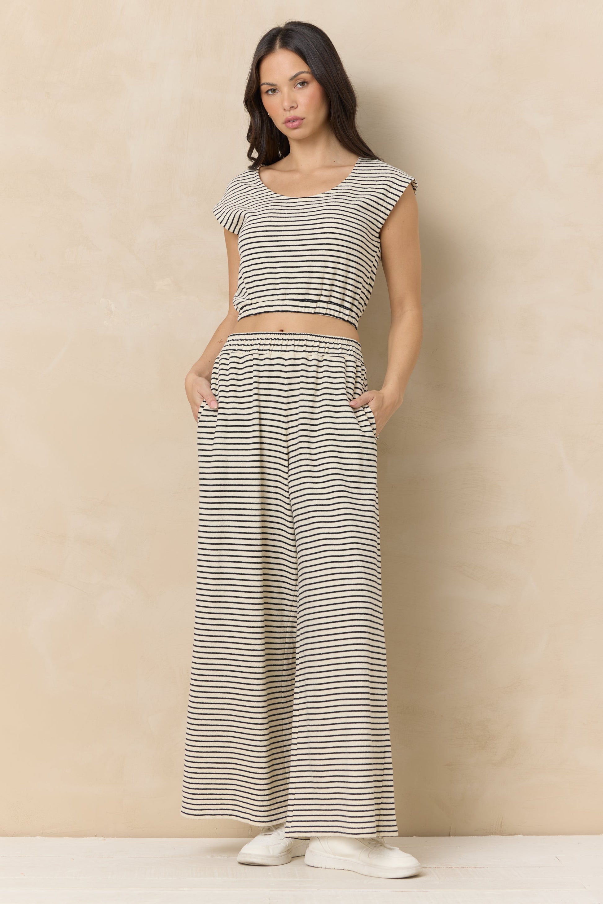 Vintage Havana Striped French Terry Cloth Wide Leg Pant