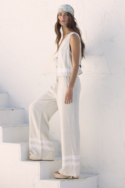 Vintage Havana Linen Blend Wide Leg Pant with Contrast Stripe