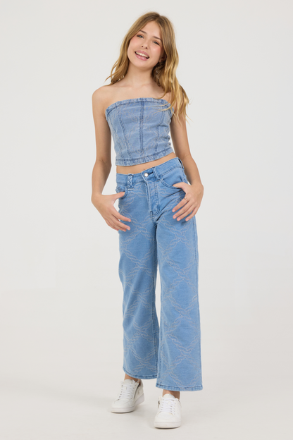 Vintage Havana Kids Denim Blue Rope Stitch Wide Leg Pant