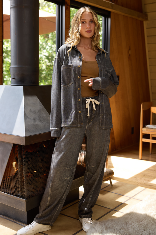 Black Washed Denim Vintage Havana Denim Fleece Barrel Pant