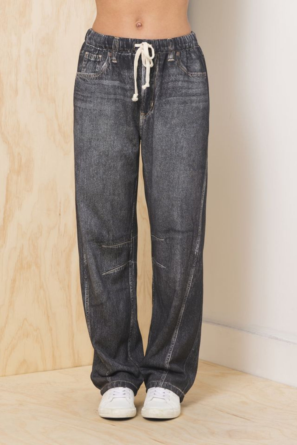 Black Washed Denim Vintage Havana Denim Fleece Barrel Pant