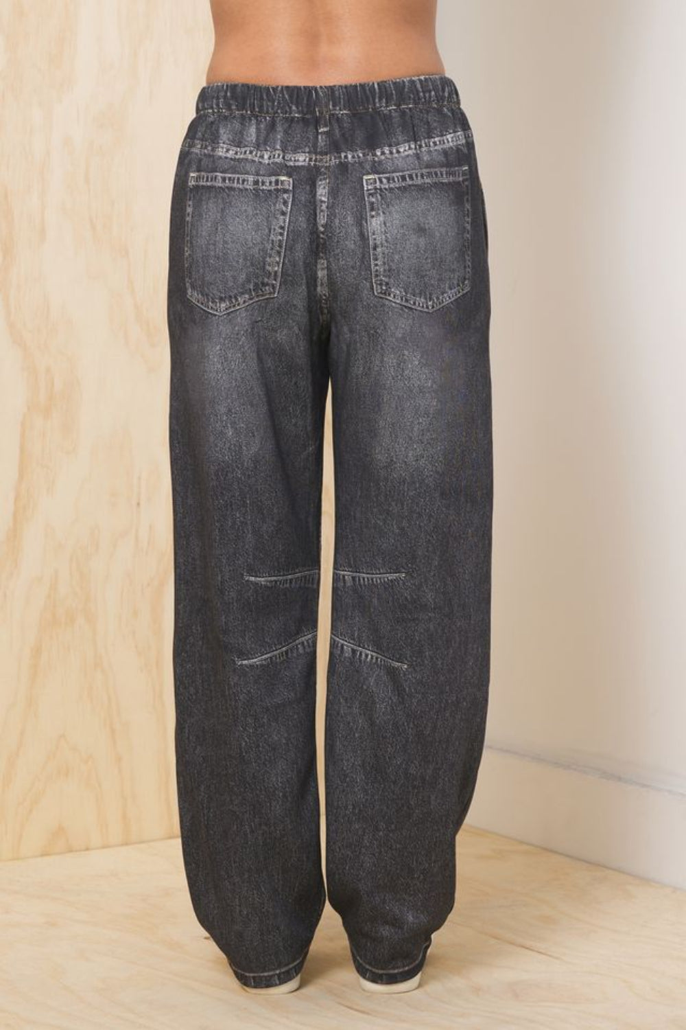 Black Washed Denim Vintage Havana Denim Fleece Barrel Pant