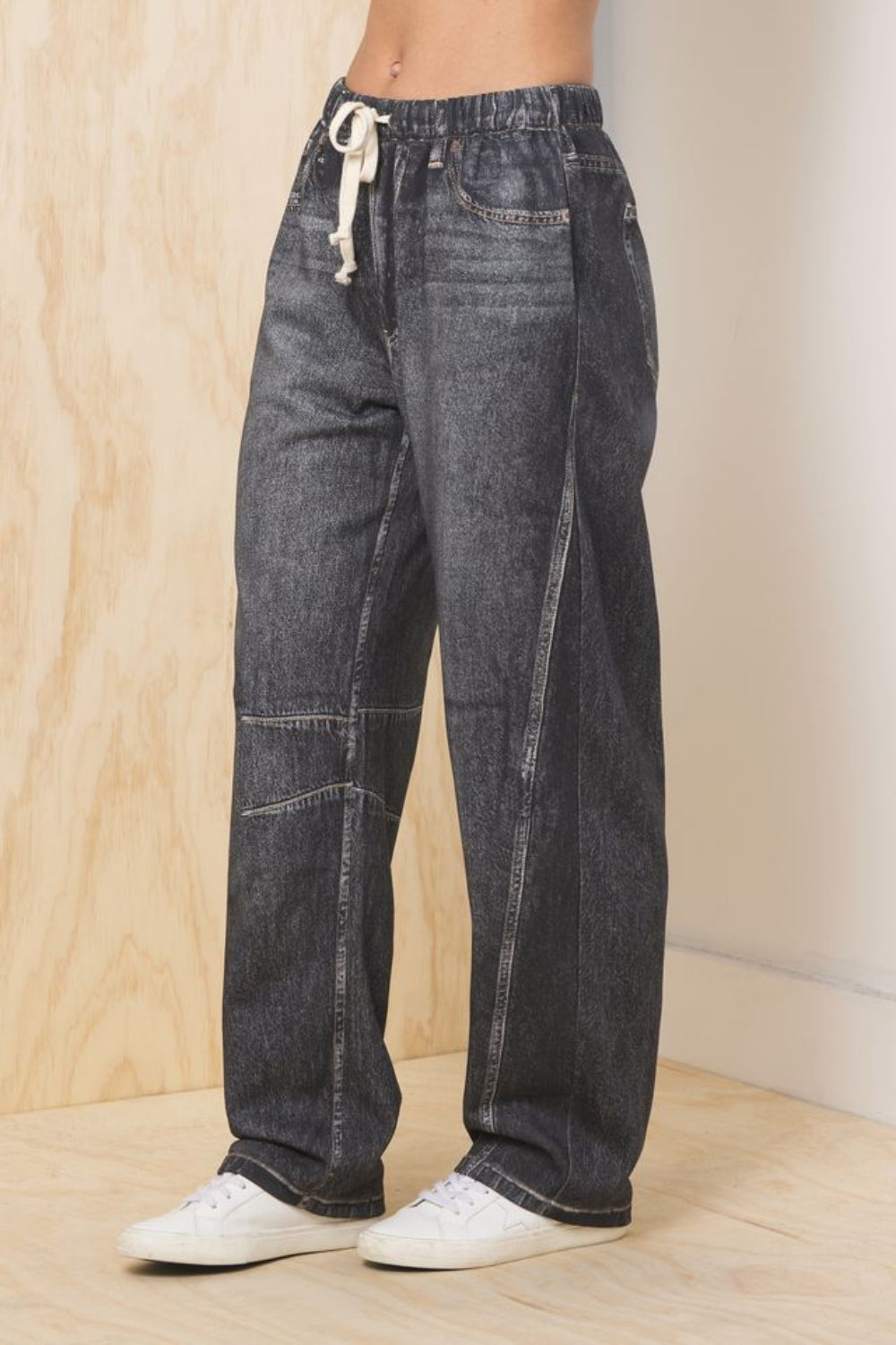 Black Washed Denim Vintage Havana Denim Fleece Barrel Pant
