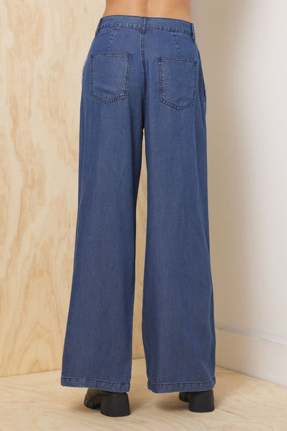 Dark Blue Vintage Havana Tencel Wide Leg Trouser