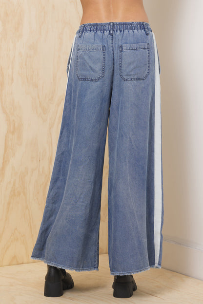 Washed Denim w/ Ivory Vintage Havana Tencel Wide Leg Pant w/ Contrast