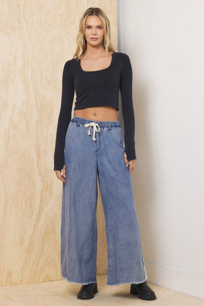 Washed Denim w/ Ivory Vintage Havana Tencel Wide Leg Pant w/ Contrast