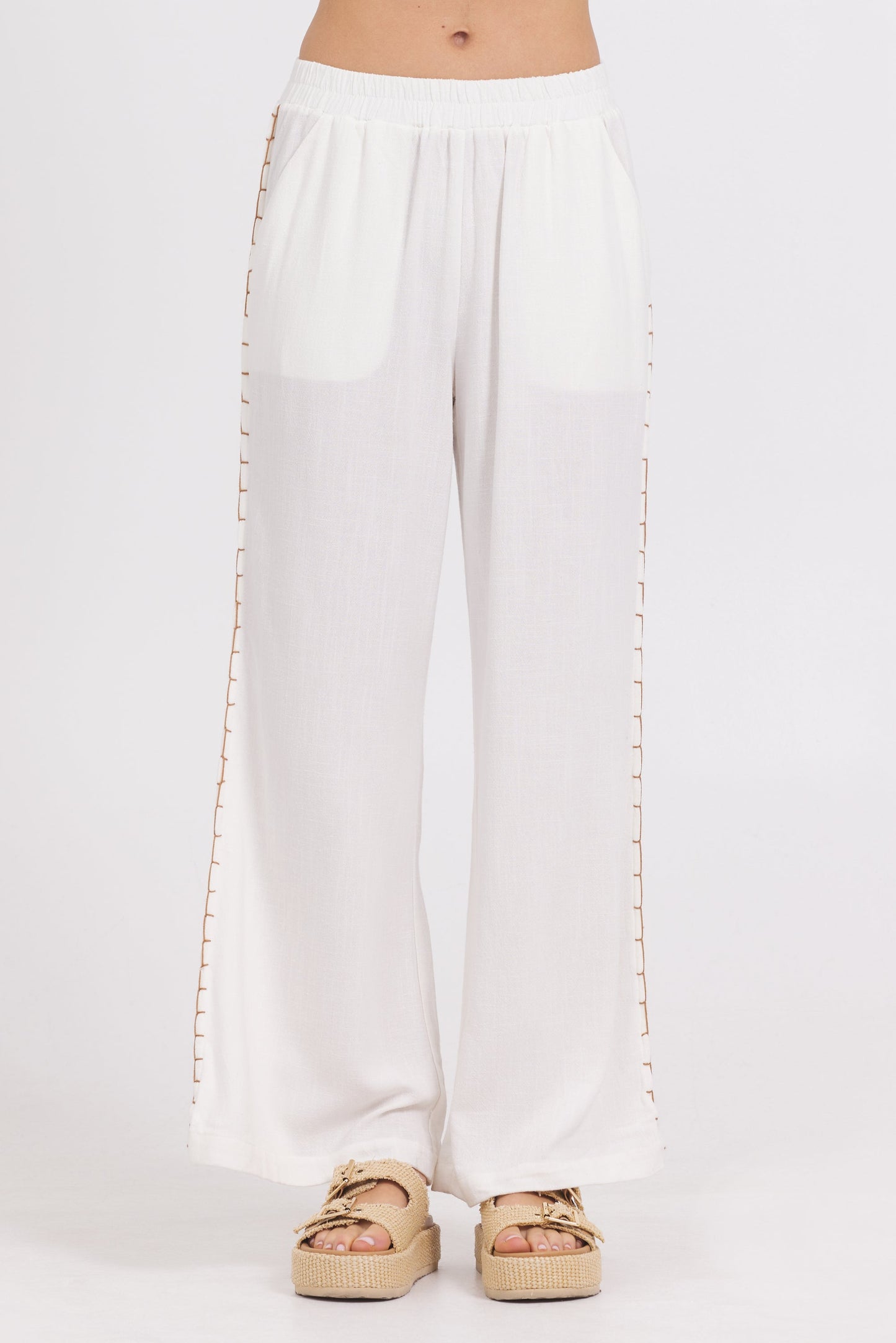 White Vintage Havana Washed Linen Wide Leg Pants w/ Whip Stitch