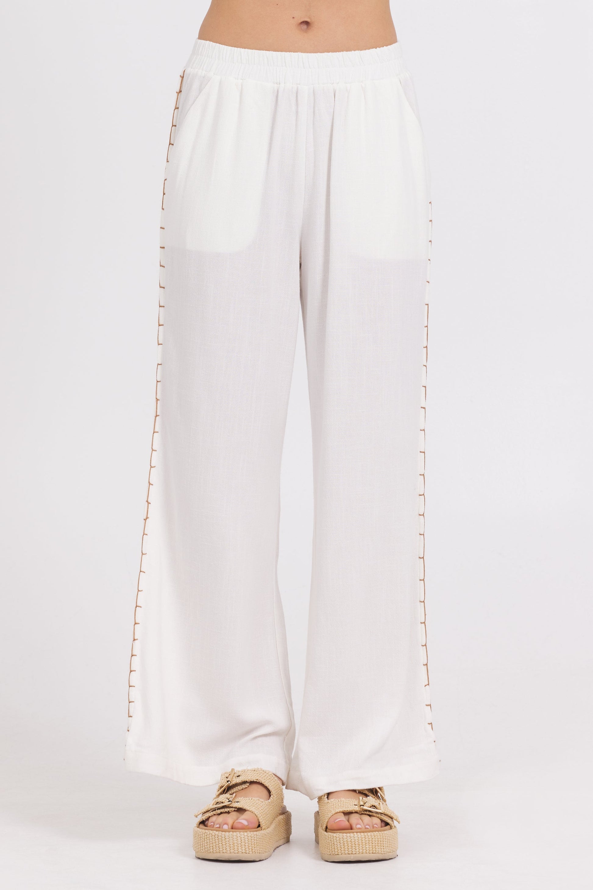 White Vintage Havana Washed Linen Wide Leg Pants w/ Whip Stitch