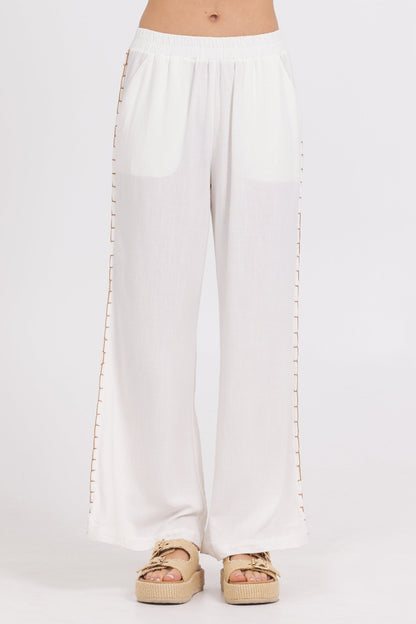 White Vintage Havana Washed Linen Wide Leg Pants w/ Whip Stitch