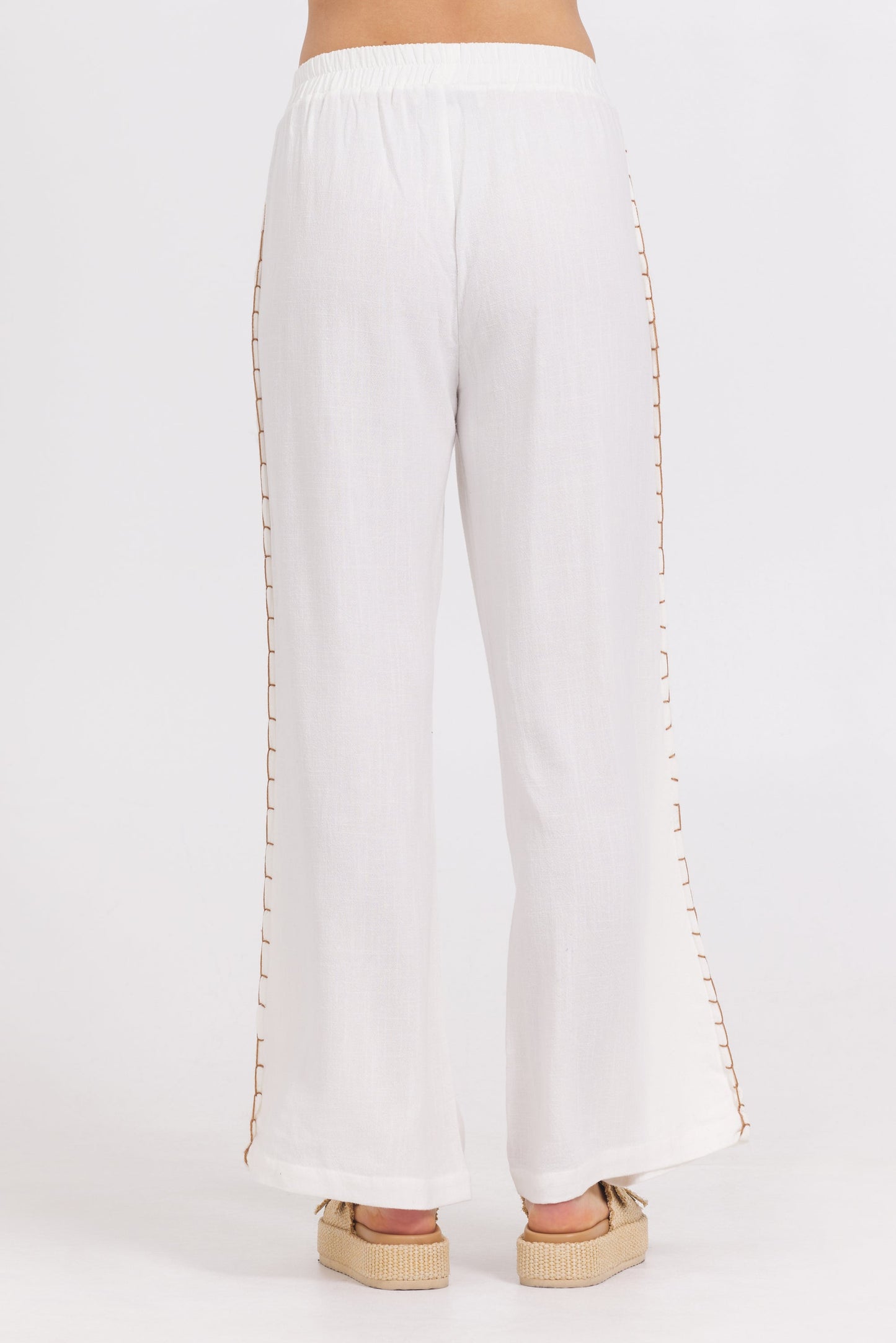 White Vintage Havana Washed Linen Wide Leg Pants w/ Whip Stitch