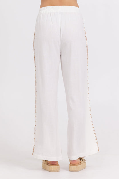 White Vintage Havana Washed Linen Wide Leg Pants w/ Whip Stitch