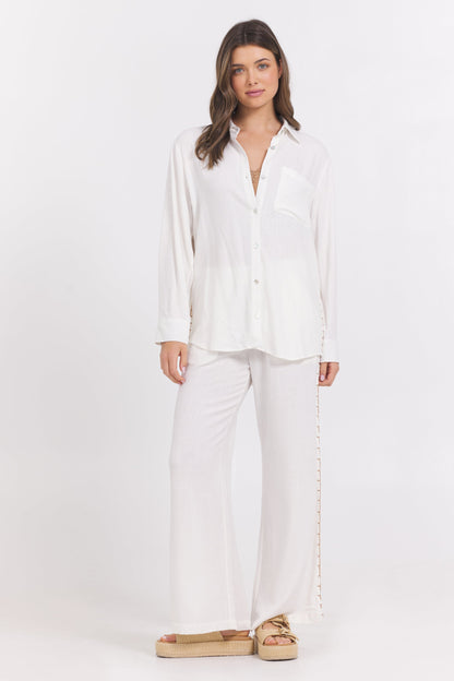 White Vintage Havana Washed Linen Wide Leg Pants w/ Whip Stitch