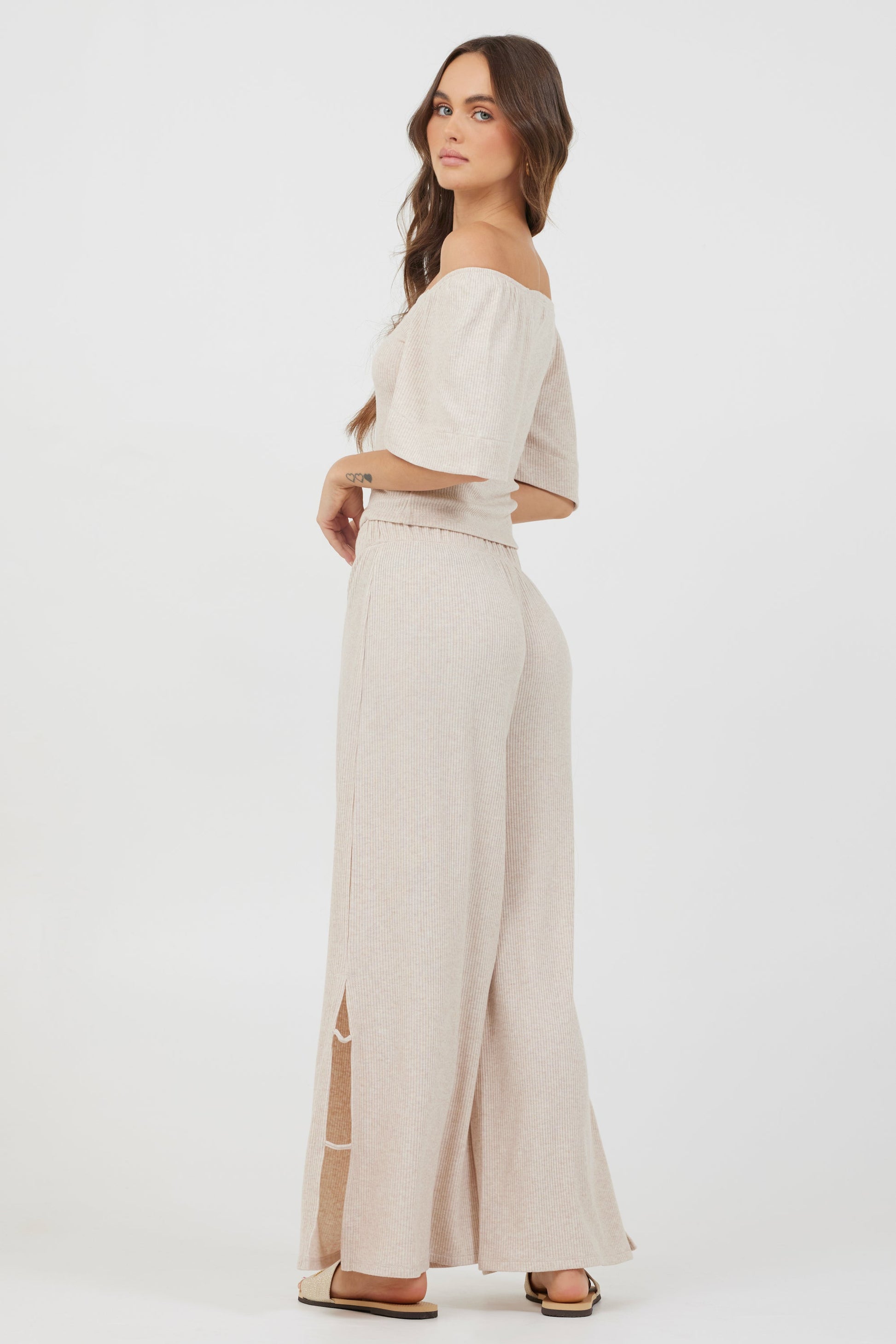 Heather Oatmeal Vintage Havana Heather Oatmeal Drapey Knit Cut Out Pants