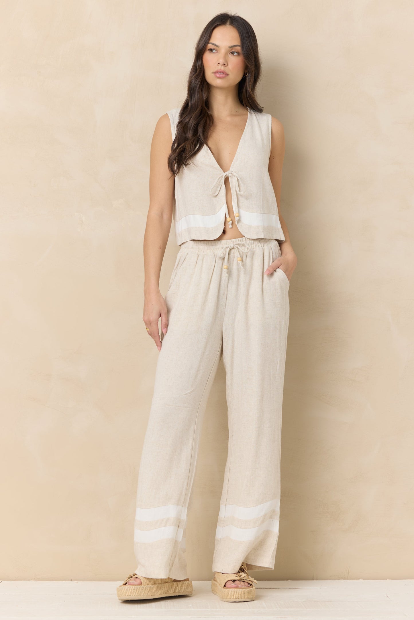 Vintage Havana Linen Blend Tie Front Top with Contrast Stripe