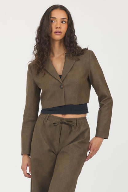 Brown Vintage Havana Faux Leather Cropped Blazer