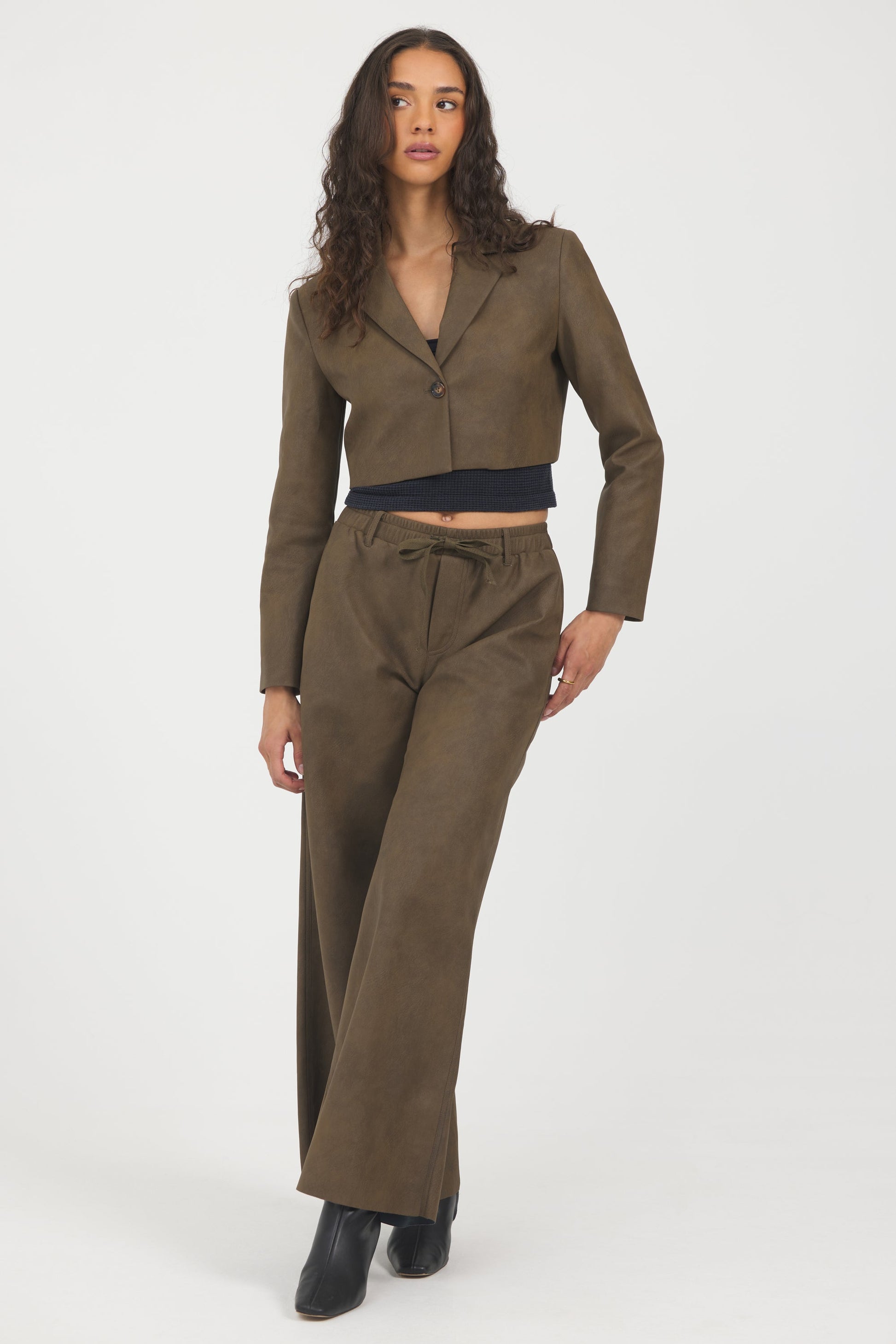 Brown Vintage Havana Faux Leather Cropped Blazer