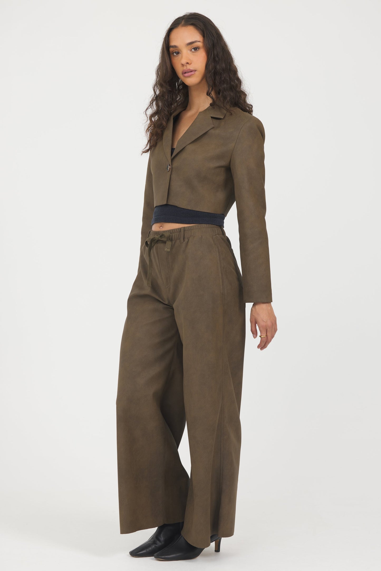 Brown Vintage Havana Faux Leather Cropped Blazer