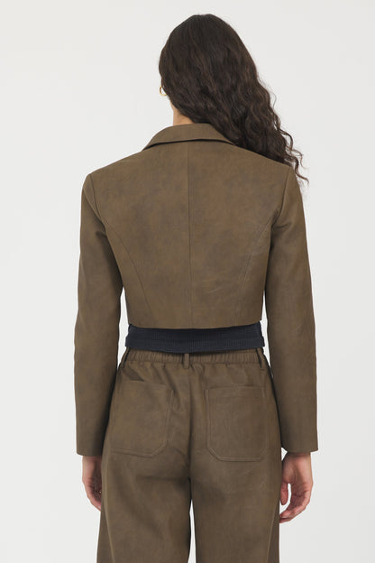 Brown Vintage Havana Faux Leather Cropped Blazer