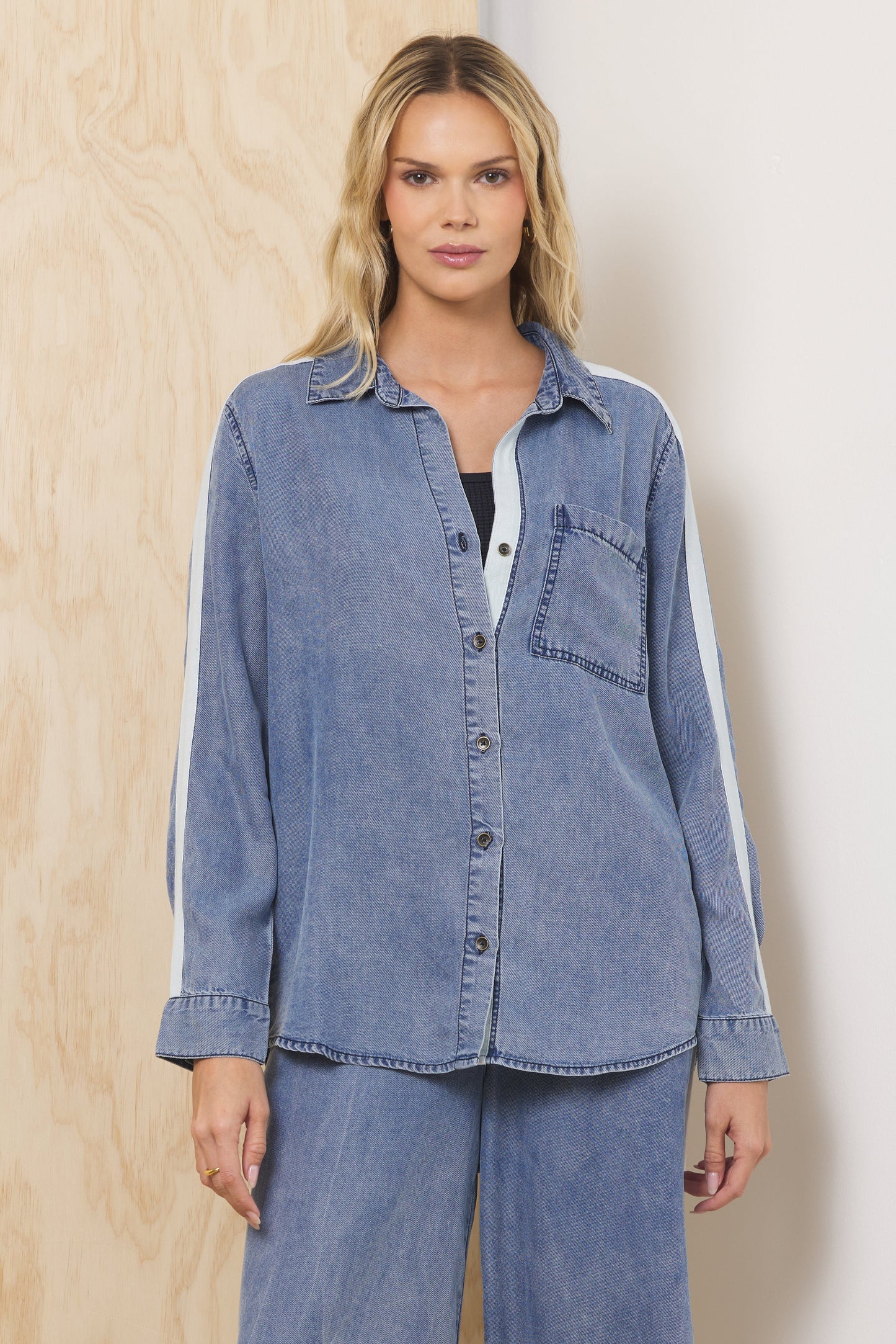 Washed Denim w/ Ivory Vintage Havana Tencel Shirt w/ Contrast Taping