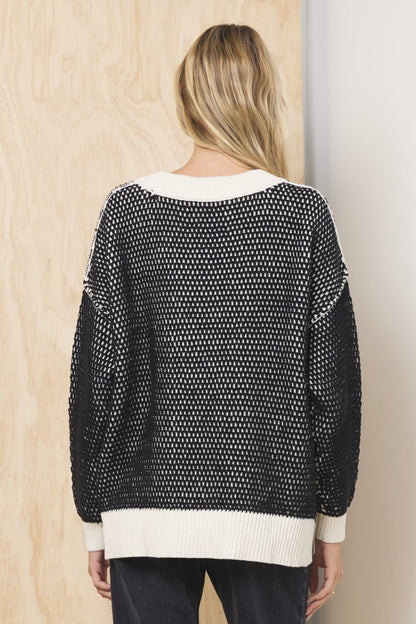 Ivory/Black Vintage Havana Honeycomb Knit V Neck Sweater