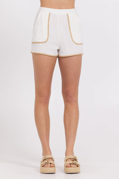 White Vintage Havana High Waisted Shorts w/ Tan Whip Stitch