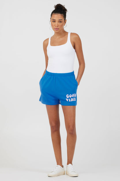 Royal Blue Vintage Havana Royal Blue W/ Pink Puff "Good Vibes" Surf Wash Shorts