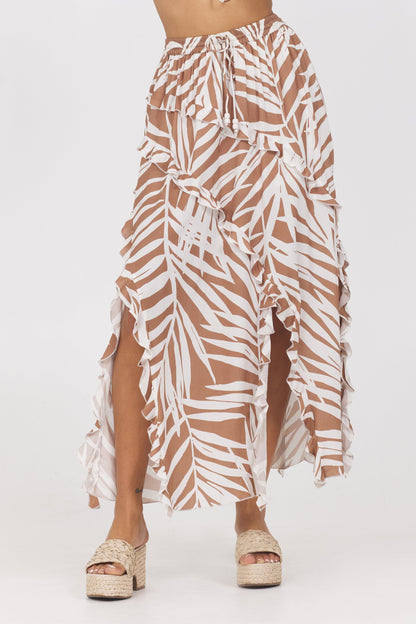 Bronze Palm Print Vintage Havana Printed Rayon Ruffle Maxi Skirt