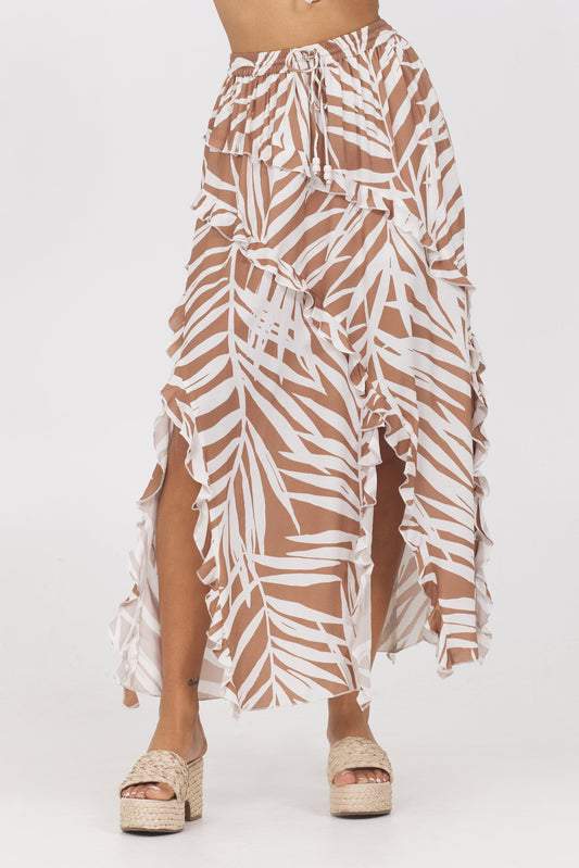 Bronze Palm Print Vintage Havana Printed Rayon Ruffle Maxi Skirt
