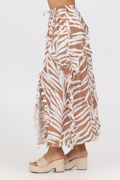 Bronze Palm Print Vintage Havana Printed Rayon Ruffle Maxi Skirt