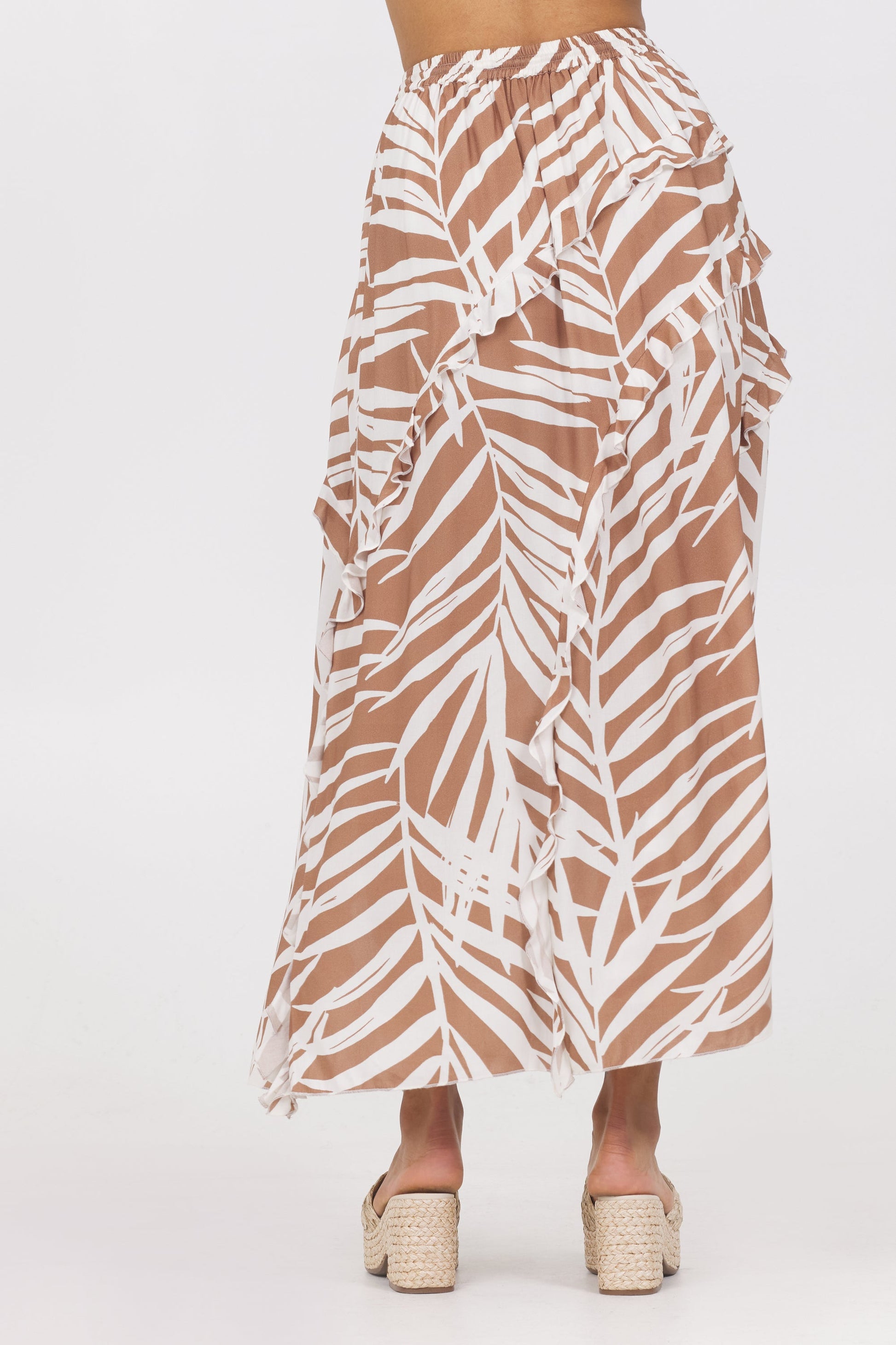 Bronze Palm Print Vintage Havana Printed Rayon Ruffle Maxi Skirt