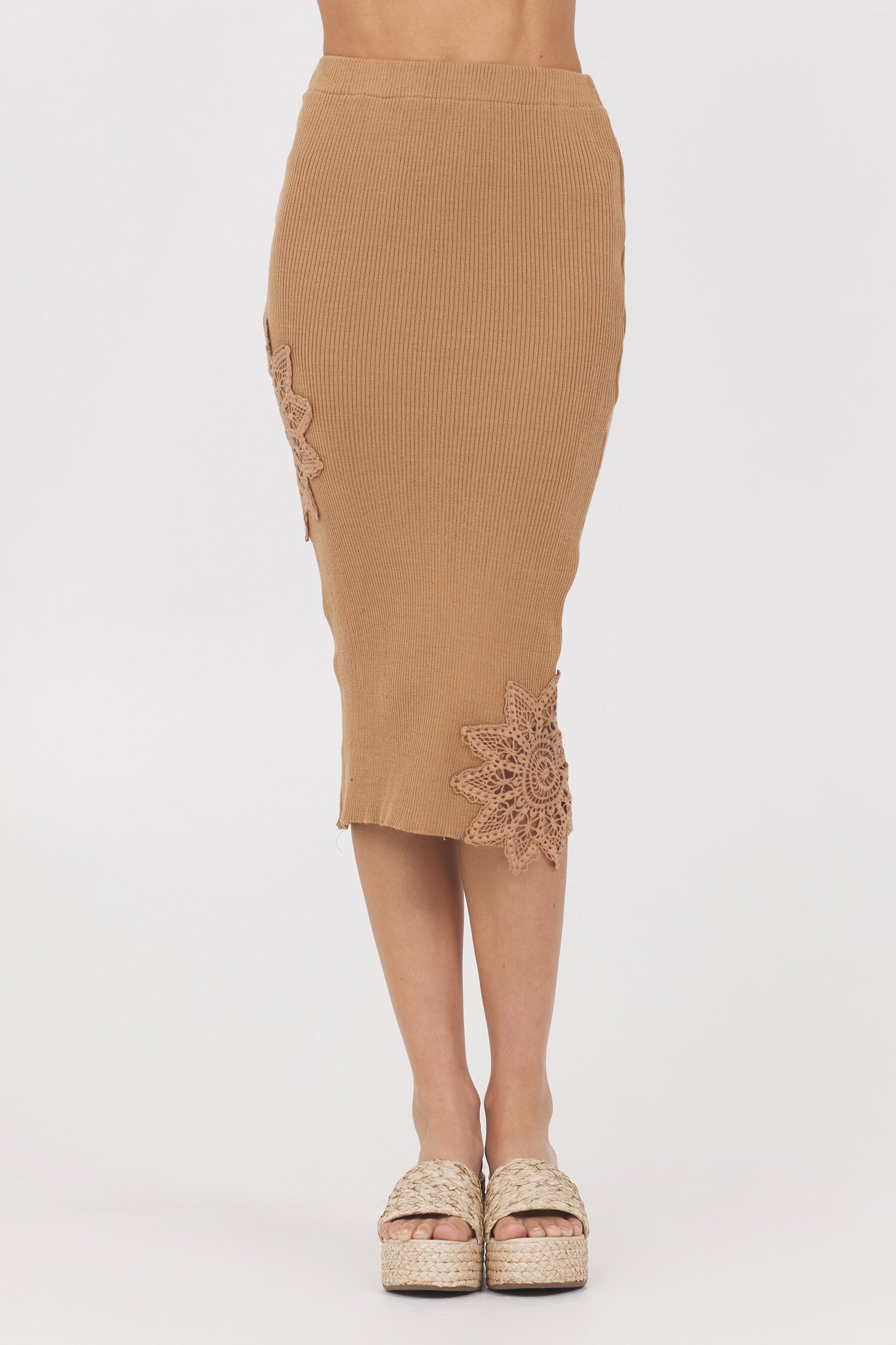 Caramel Vintage Havana Caramel Rib Midi Skirt w/ Crochet Insert