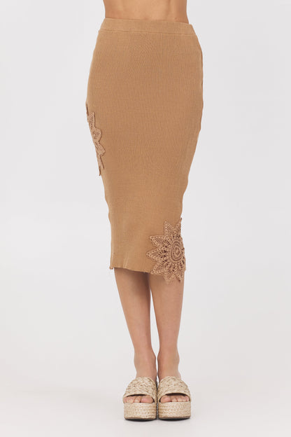 Caramel Vintage Havana Caramel Rib Midi Skirt w/ Crochet Insert