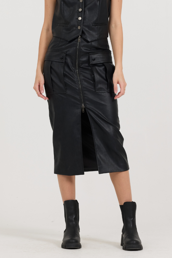 Black Vintage Havana Black leather Zip Front Midi Skirt