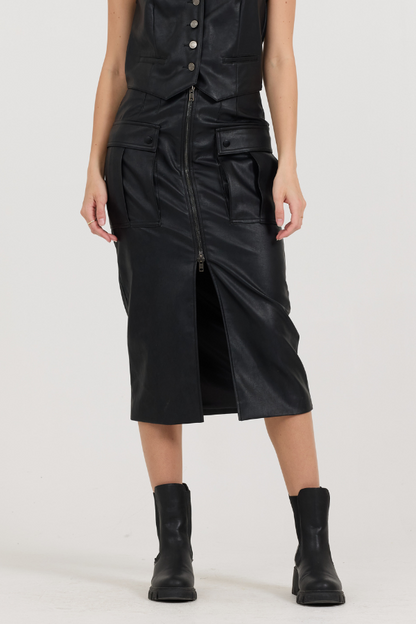 Black Vintage Havana Black leather Zip Front Midi Skirt