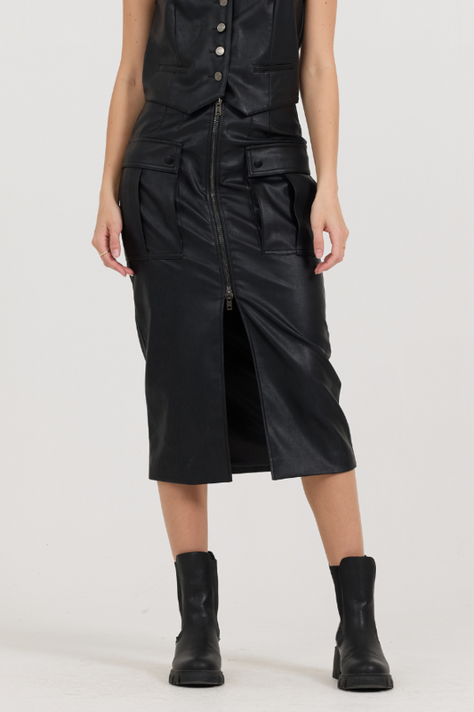 Black Vintage Havana Black leather Zip Front Midi Skirt