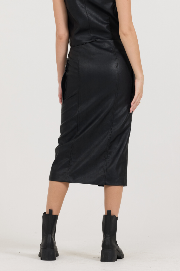 Black Vintage Havana Black leather Zip Front Midi Skirt
