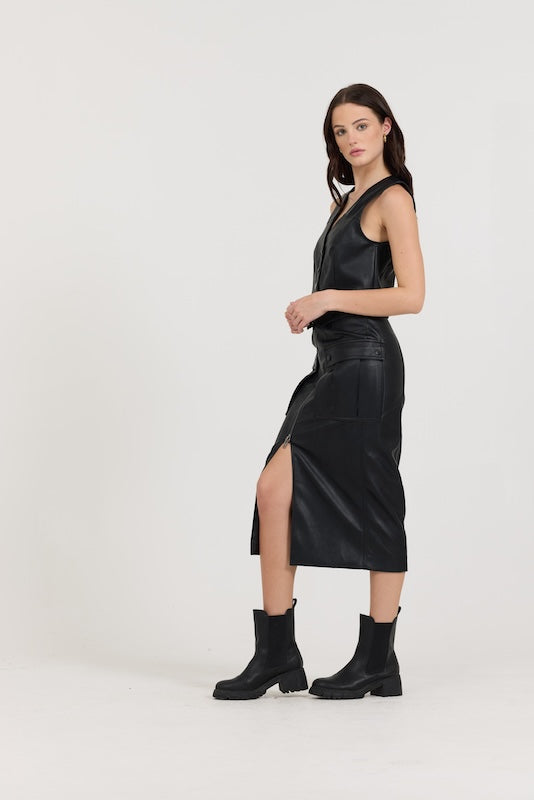 Black Vintage Havana Black leather Zip Front Midi Skirt