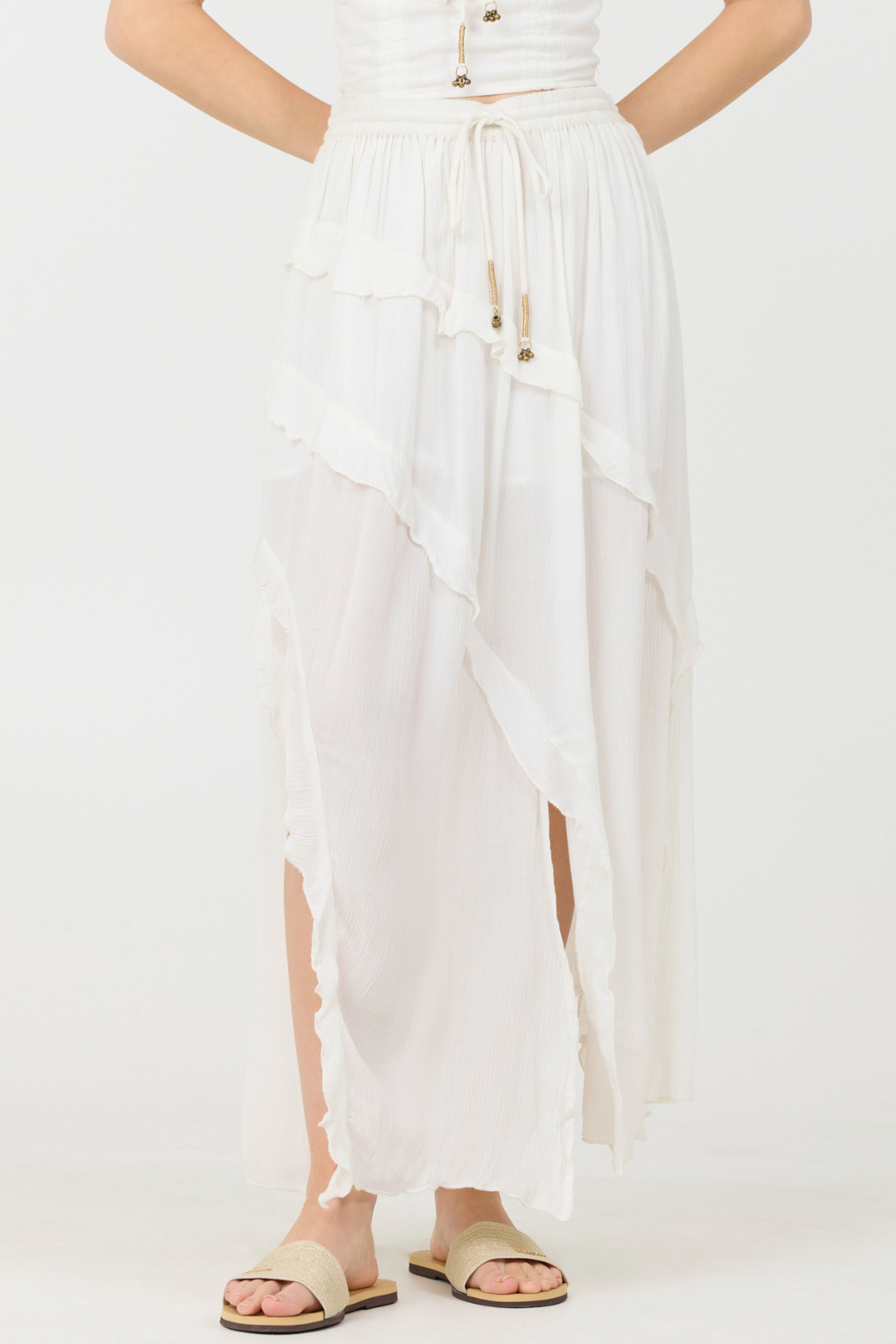 Clean White Vintage Havana Clean White Rayon Crinkle Ruffle Maxi Skirt