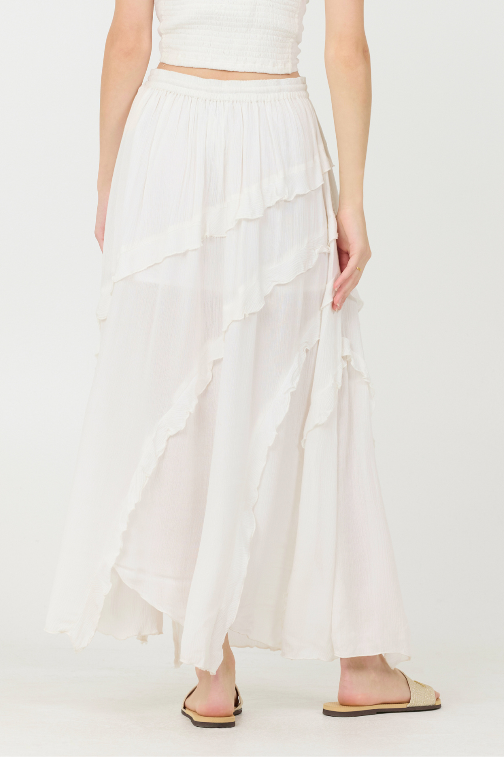Clean White Vintage Havana Clean White Rayon Crinkle Ruffle Maxi Skirt