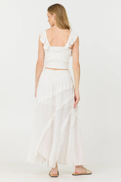 Clean White Vintage Havana Clean White Rayon Crinkle Ruffle Maxi Skirt