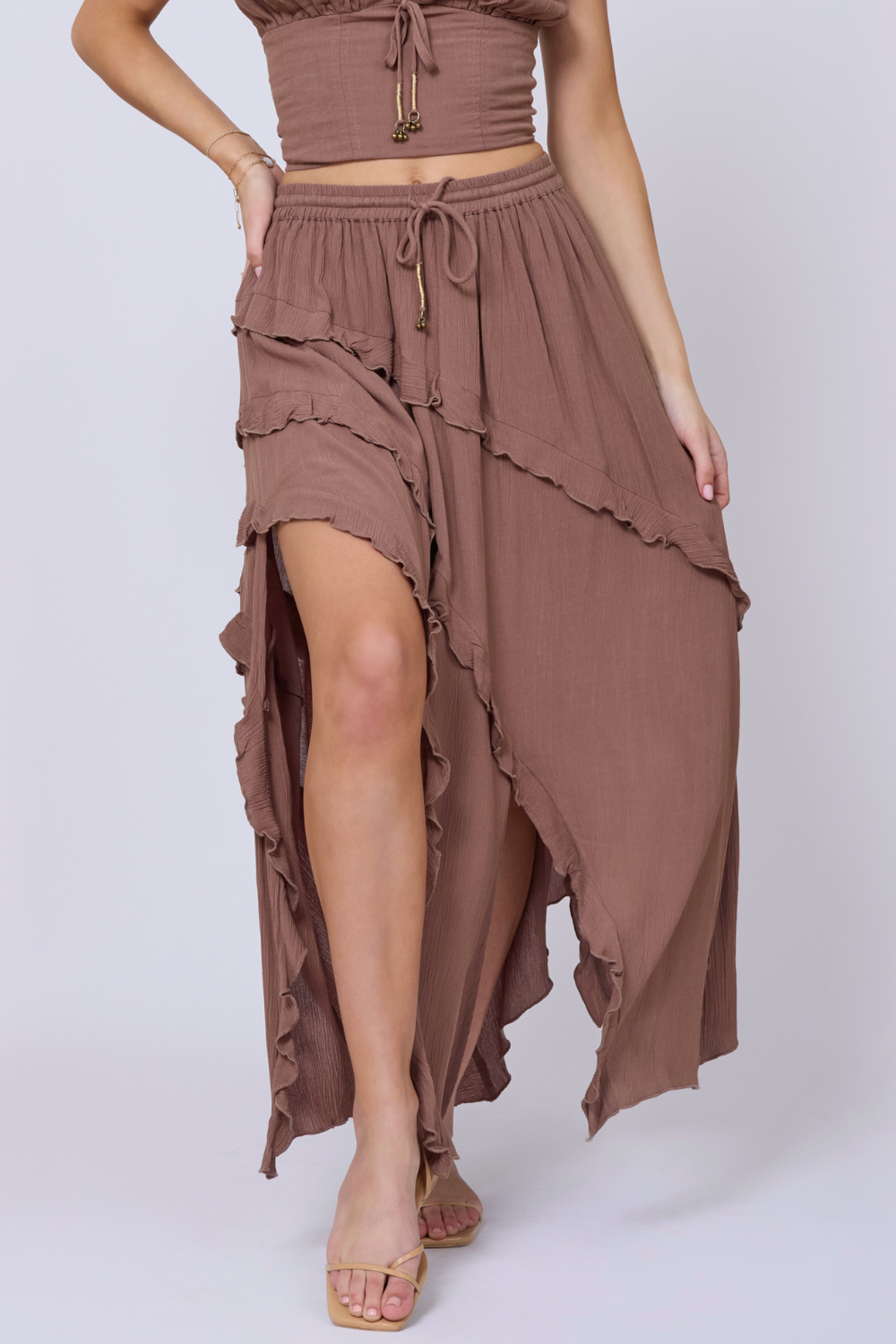 Washed Mocha Vintage Havana Washed Mocha Rayon Crinkle Ruffle Maxi Skirt