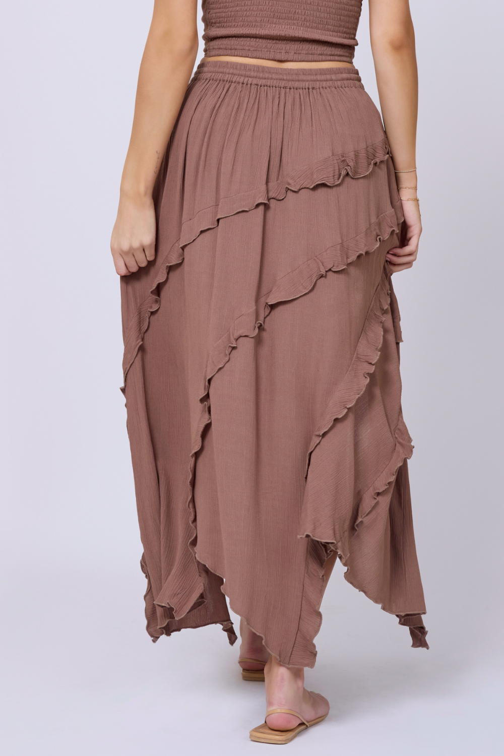 Washed Mocha Vintage Havana Washed Mocha Rayon Crinkle Ruffle Maxi Skirt
