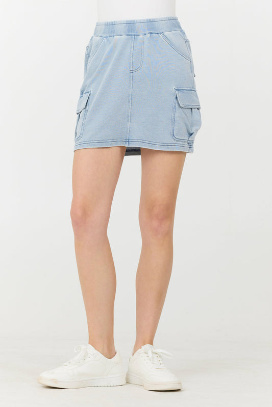 Washed Denim Vintage Havana Washed Denim Terry Fleece Cargo Skirt