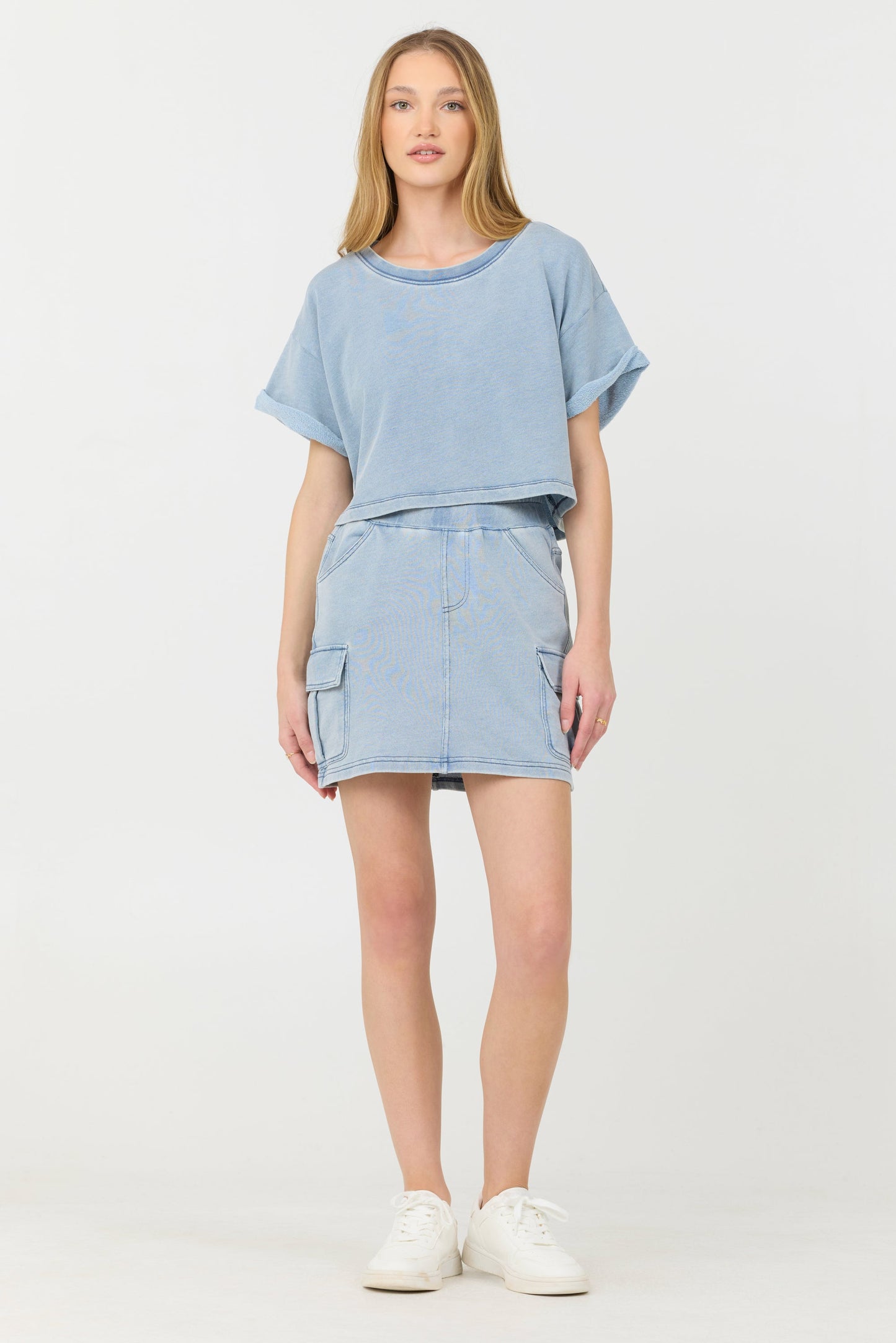 Washed Denim Vintage Havana Washed Denim Terry Fleece Cargo Skirt