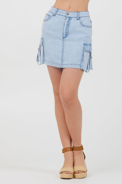 Washed Denim Vintage Havana Washed Denim Tencel Cargo Pocket Skirt