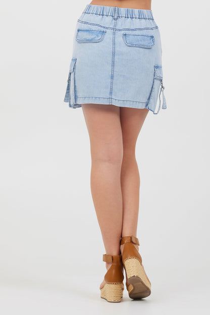 Washed Denim Vintage Havana Washed Denim Tencel Cargo Pocket Skirt