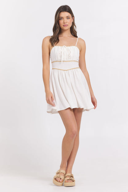 White Vintage Havana White Mini Dress w/ Tan Whip Stitch