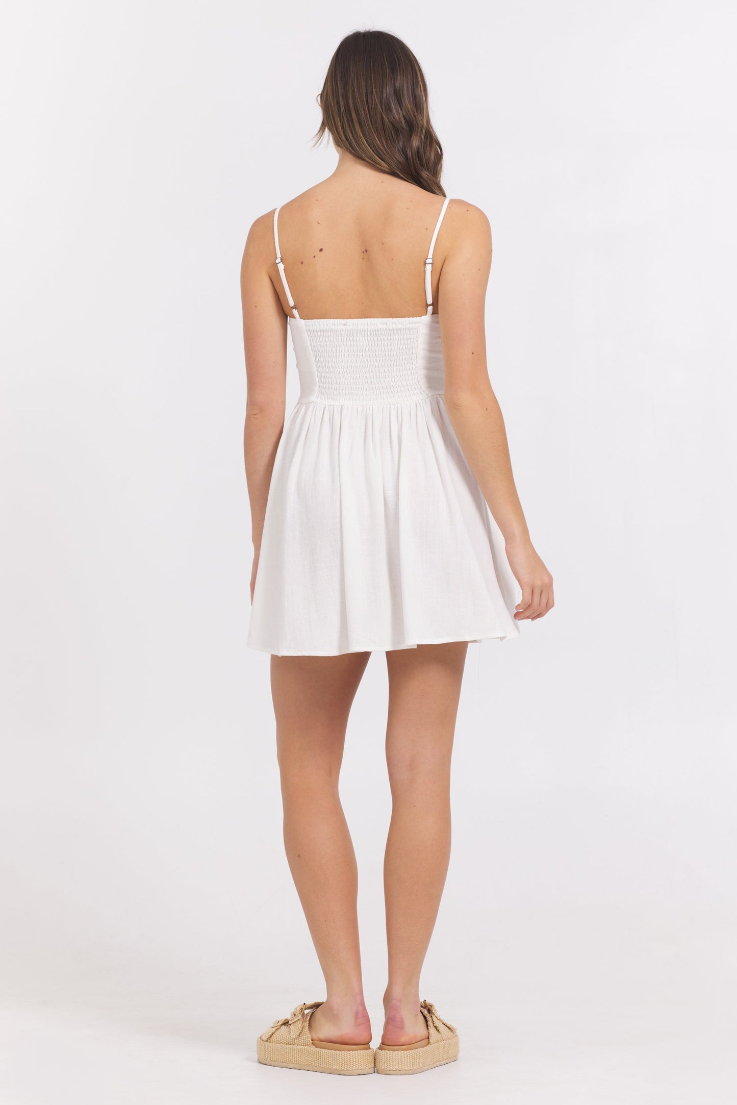 White Vintage Havana White Mini Dress w/ Tan Whip Stitch