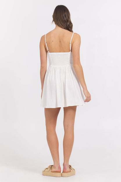 White Vintage Havana White Mini Dress w/ Tan Whip Stitch